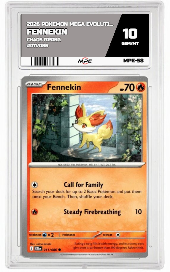 2026 POKEMON MEGA EVOLUTION CHAOS RISING #011/086 Fennekin MPE 10 GEM/MT — graded card auctioned from the MPE vault