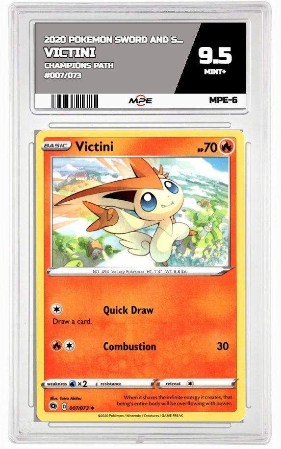 2020 POKEMON SWSH CHAMPIONS PATH #007/073 VICTINI MPE 9.5 MINT+ — graded card auctioned from the MPE vault