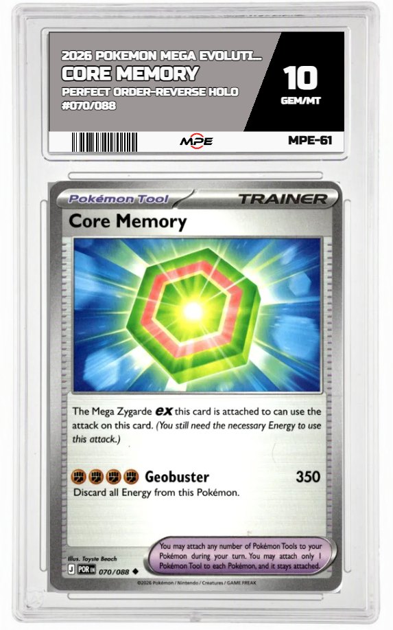 2026 POKEMON MEGA EVOLUTION PERFECT ORDER-REVERSE HOLO #070/088 CORE MEMORY MPE 10 GEM/MT — graded card auctioned from the MPE vault