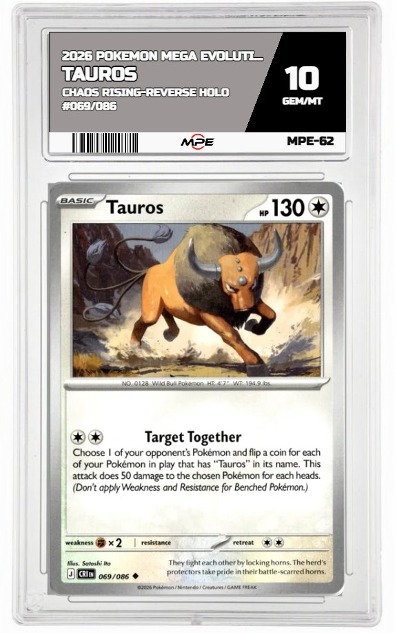 2026 POKEMON MEGA EVOLUTION CHAOS RISING-REVERSE HOLO #069/086 Tauros MPE 10 GEM/MT — graded card auctioned from the MPE vault