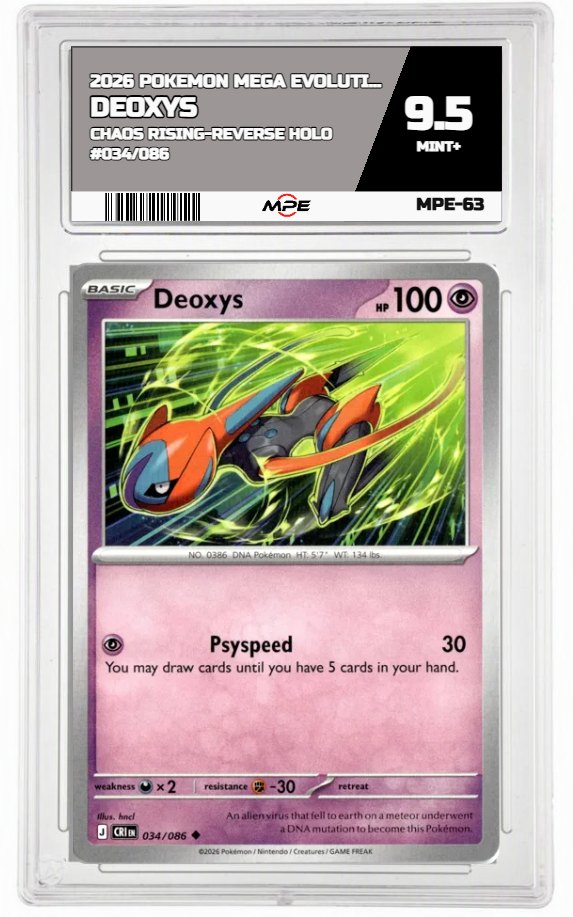 2026 POKEMON MEGA EVOLUTION CHAOS RISING-REVERSE HOLO #034/086 Deoxys MPE 9.5 MINT+ — graded card auctioned from the MPE vault