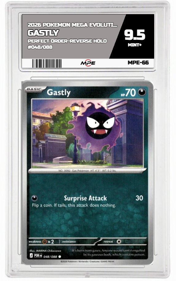 2026 POKEMON MEGA EVOLUTION PERFECT ORDER-REVERSE HOLO #048/088 Gastly MPE 9.5 MINT+ — graded card auctioned from the MPE vault