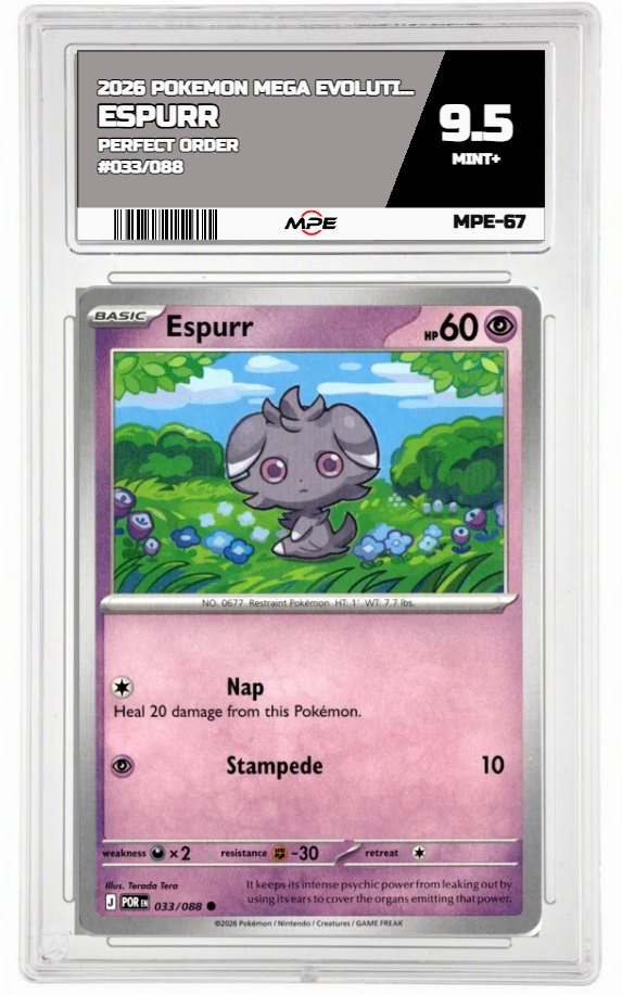 2026 POKEMON MEGA EVOLUTION PERFECT ORDER #033/088 Espurr MPE 9.5 MINT+ — graded card auctioned from the MPE vault