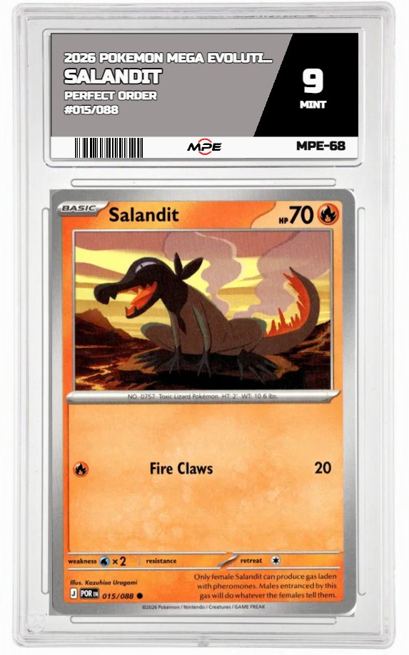 2026 POKEMON MEGA EVOLUTION PERFECT ORDER #015/088 Salandit MPE 9 MINT — graded card auctioned from the MPE vault