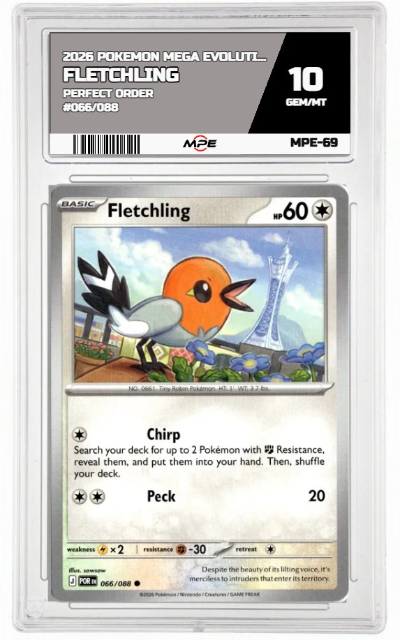 2026 POKEMON MEGA EVOLUTION PERFECT ORDER #066/088 FLETCHLING MPE 10 GEM/MT — graded card auctioned from the MPE vault
