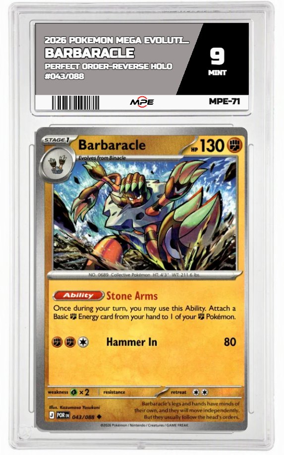 2026 POKEMON MEGA EVOLUTION PERFECT ORDER-REVERSE HOLO #043/088 BARBARACLE MPE 9 MINT — graded card auctioned from the MPE vault