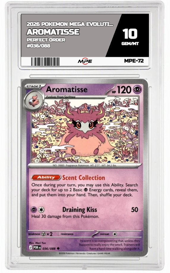 2026 POKEMON MEGA EVOLUTION PERFECT ORDER #036/088 AROMATISSE MPE 10 GEM/MT — graded card auctioned from the MPE vault