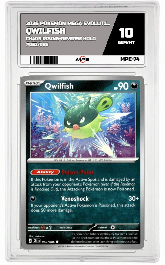 2026 POKEMON MEGA EVOLUTION CHAOS RISING-REVERSE HOLO #052/086 QWILFISH MPE 10 GEM/MT — graded card auctioned from the MPE vault