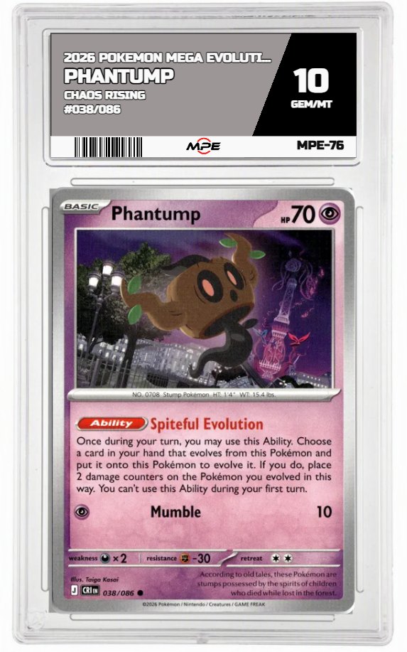 2026 POKEMON MEGA EVOLUTION CHAOS RISING #038/086 Phantump MPE 10 GEM/MT — graded card auctioned from the MPE vault