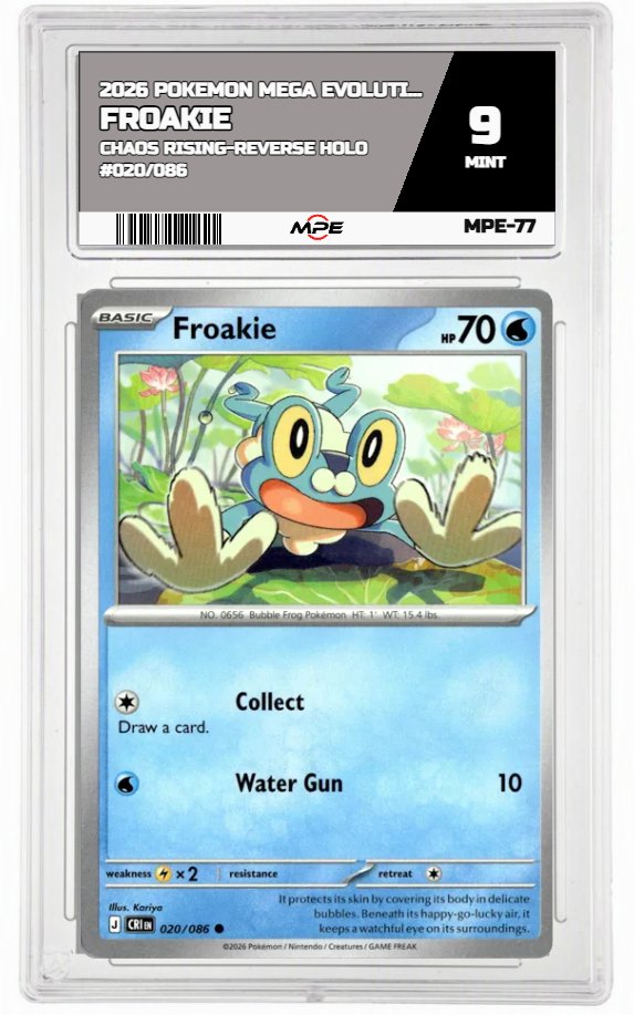 2026 POKEMON MEGA EVOLUTION CHAOS RISING-REVERSE HOLO #020/086 Froakie MPE 9 MINT — graded card auctioned from the MPE vault