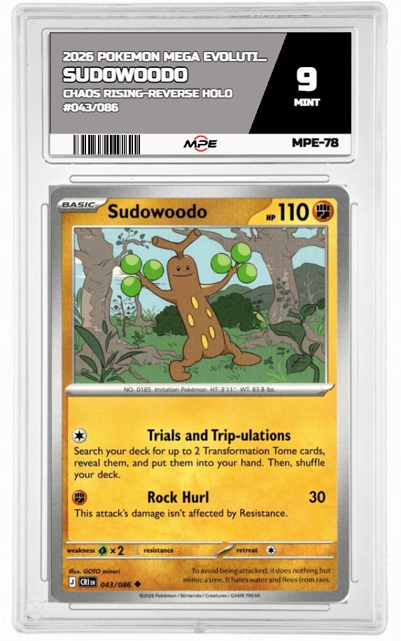 2026 POKEMON MEGA EVOLUTION CHAOS RISING-REVERSE HOLO #043/086 Sudowoodo MPE 9 MINT — graded card auctioned from the MPE vault