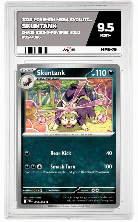 2026 POKEMON MEGA EVOLUTION CHAOS RISING-REVERSE HOLO #054/086 Skuntank MPE 9.5 MINT+ — graded card auctioned from the MPE vault