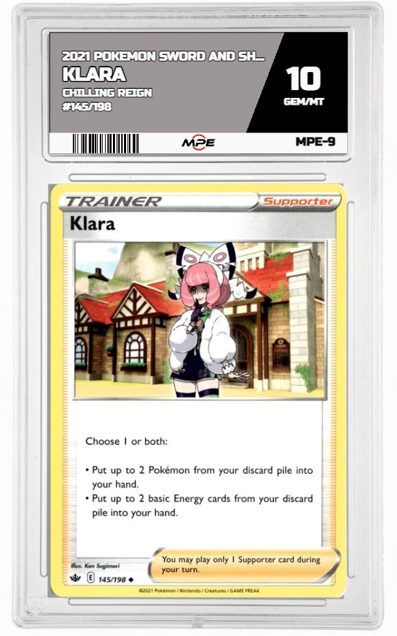 2021 POKEMON SWSH CHILLING REIGN #145/198 Klara MPE 10 GEM/MT — graded card auctioned from the MPE vault