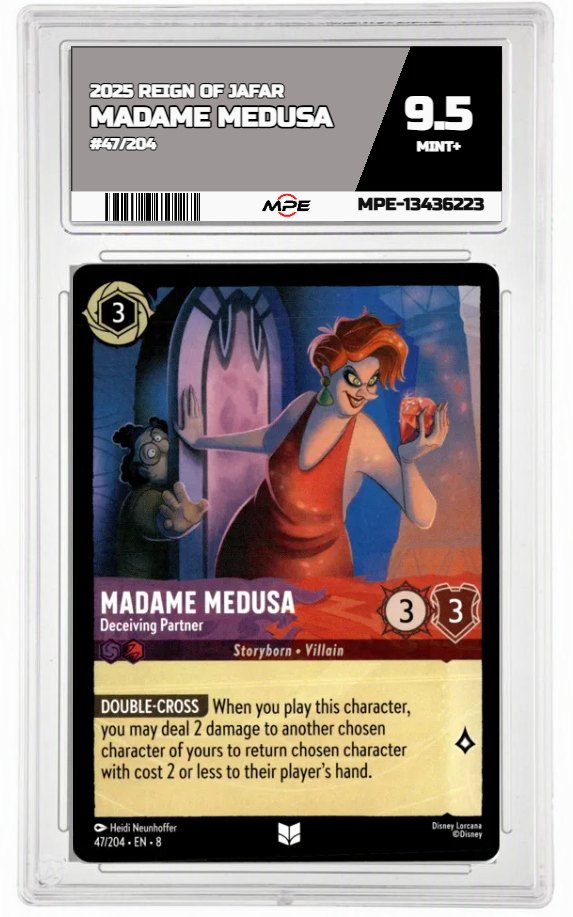 2025 DISNEY LORCANA EN 8 REIGN OF JAFAR #47/204 MADAME MEDUSA MPE 9.5 MINT+ — graded card auctioned from the MPE vault