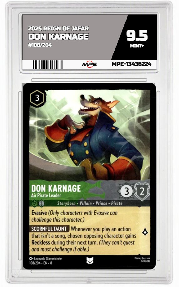 2025 DISNEY LORCANA EN 8 REIGN OF JAFAR #108/204 DON KARNAGE MPE 9.5 MINT+ — graded card auctioned from the MPE vault