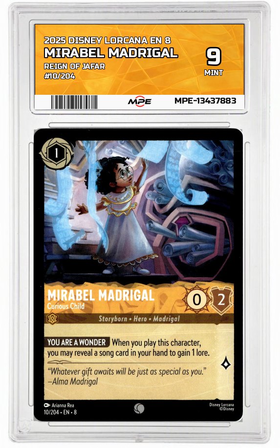 2025 DISNEY LORCANA EN 8 REIGN OF JAFAR #10/204 MIRABEL MADRIGAL MPE 9 MINT — graded card up for auction