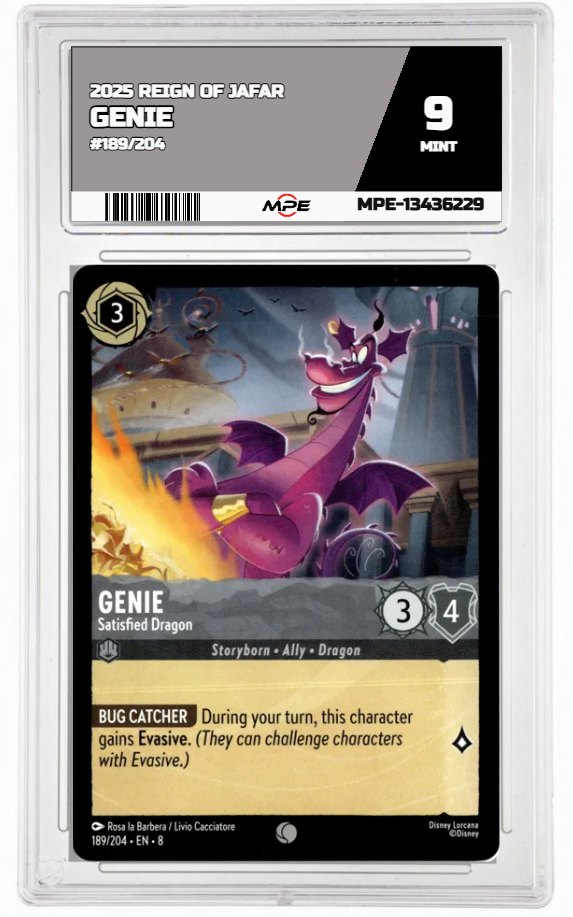 2025 DISNEY LORCANA EN 8 REIGN OF JAFAR #189/204 GENIE MPE 9 MINT — graded card auctioned from the MPE vault