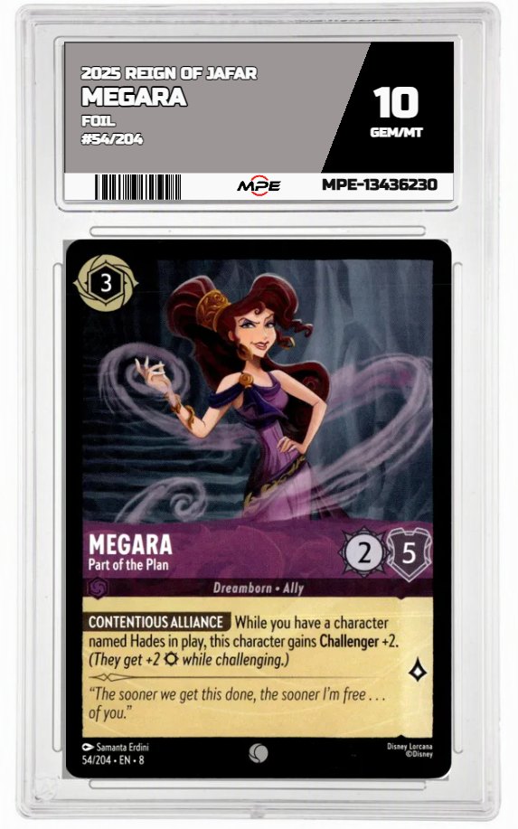 2025 DISNEY LORCANA EN 8 REIGN OF JAFAR-Foil #54/204 MEGARA MPE 10 GEM/MT — graded card auctioned from the MPE vault