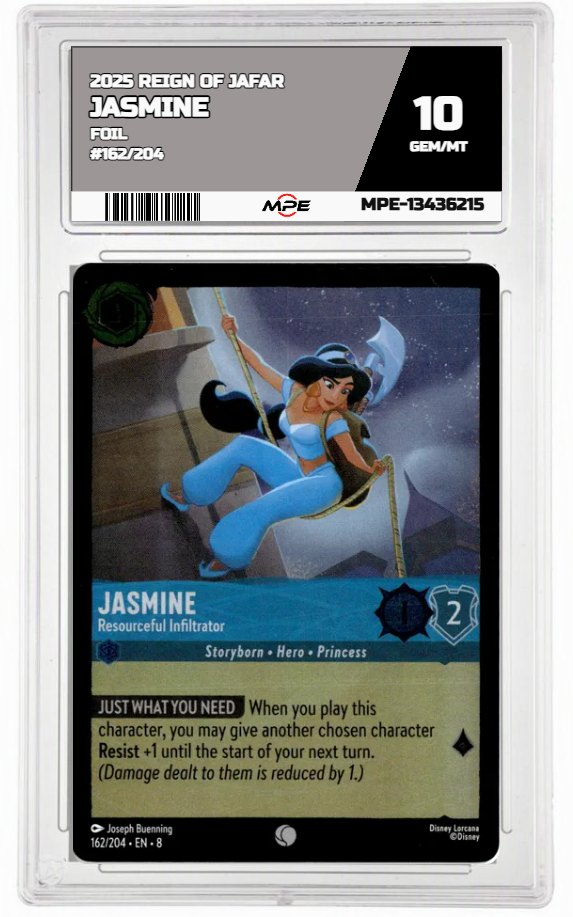 2025 DISNEY LORCANA EN 8 REIGN OF JAFAR-Foil #162/204 JASMINE MPE 10 GEM/MT — graded card auctioned from the MPE vault