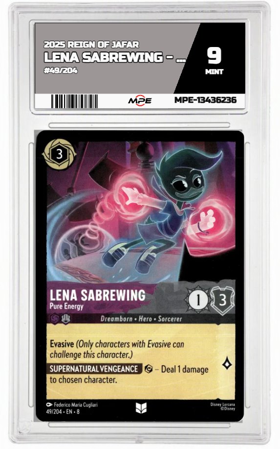 2025 DISNEY LORCANA EN 8 REIGN OF JAFAR #49/204 LENA SABREWING - PURE ENERGY MPE 9 MINT — graded card auctioned from the MPE vault