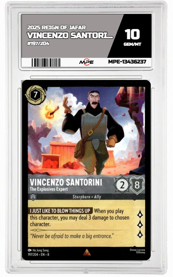 2025 DISNEY LORCANA EN 8 REIGN OF JAFAR #197/204 VINCENZO SANTORINI MPE 10 GEM/MT — graded card auctioned from the MPE vault