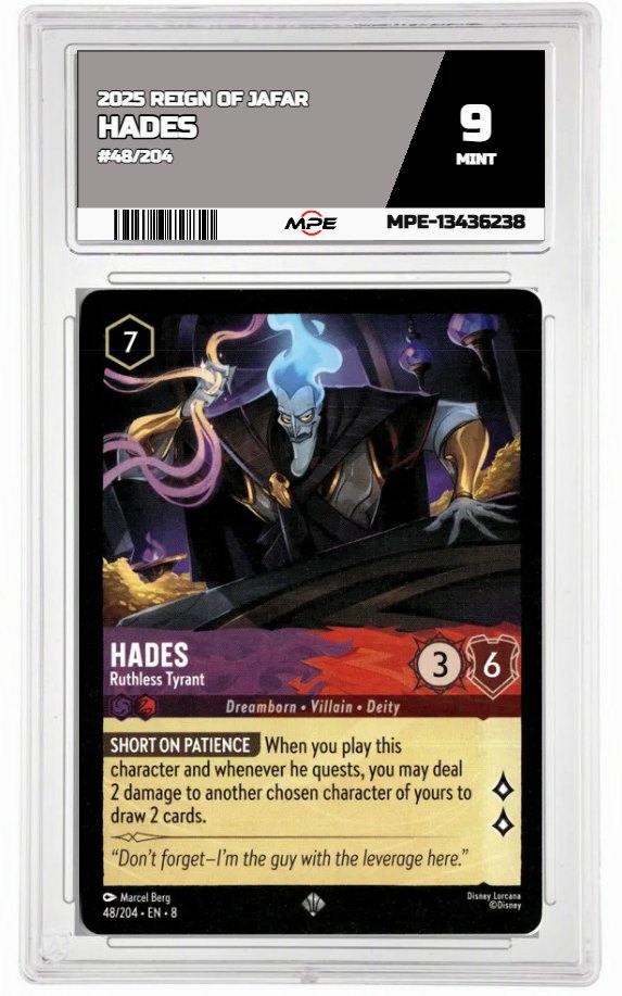2025 DISNEY LORCANA EN 8 REIGN OF JAFAR #48/204 HADES MPE 9 MINT — graded card auctioned from the MPE vault