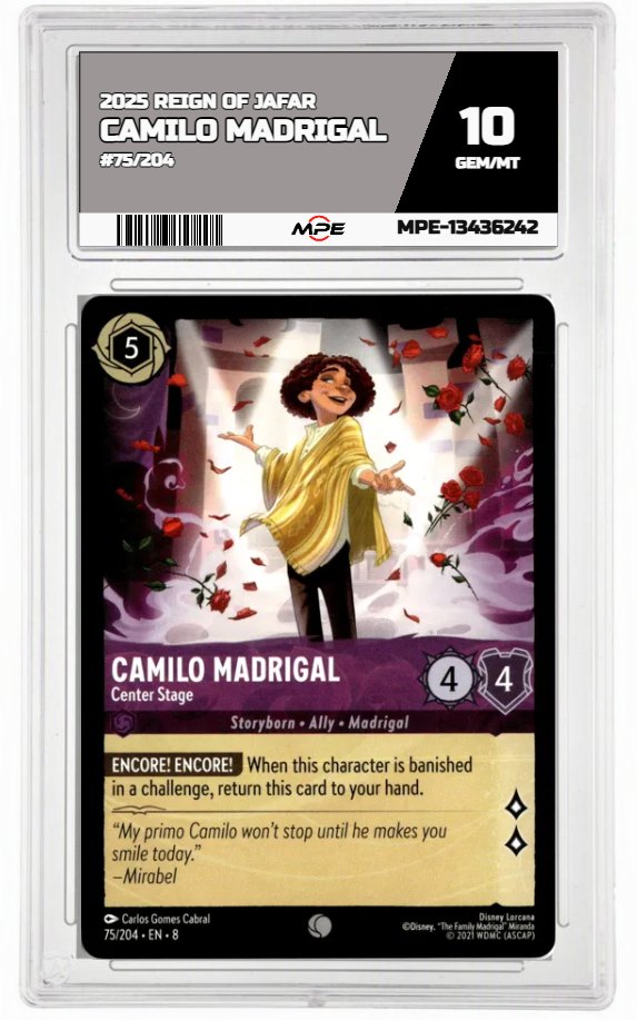 2025 DISNEY LORCANA EN 8 REIGN OF JAFAR #75/204 CAMILO MADRIGAL MPE 10 GEM/MT — graded card auctioned from the MPE vault