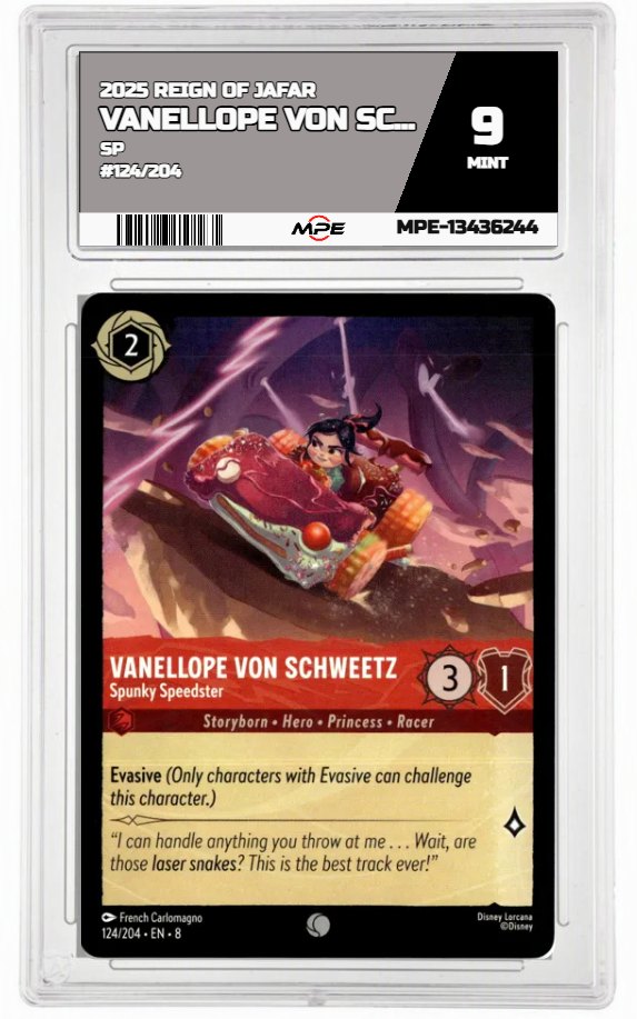2025 DISNEY LORCANA EN 8 REIGN OF JAFAR-SP #124/204 VANELLOPE VON SCHWEETZ MPE 9 MINT — graded card auctioned from the MPE vault