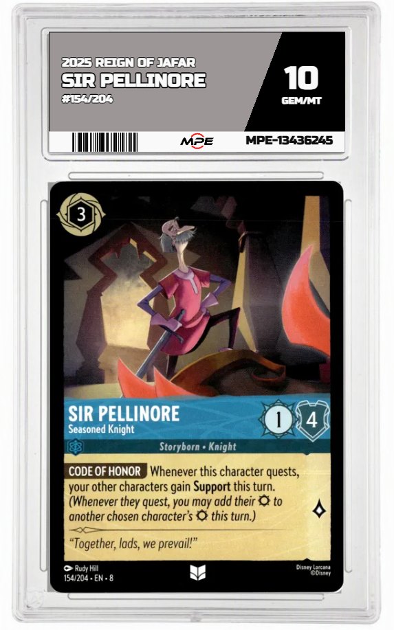 2025 DISNEY LORCANA EN 8 REIGN OF JAFAR #154/204 SIR PELLINORE MPE 10 GEM/MT — graded card auctioned from the MPE vault