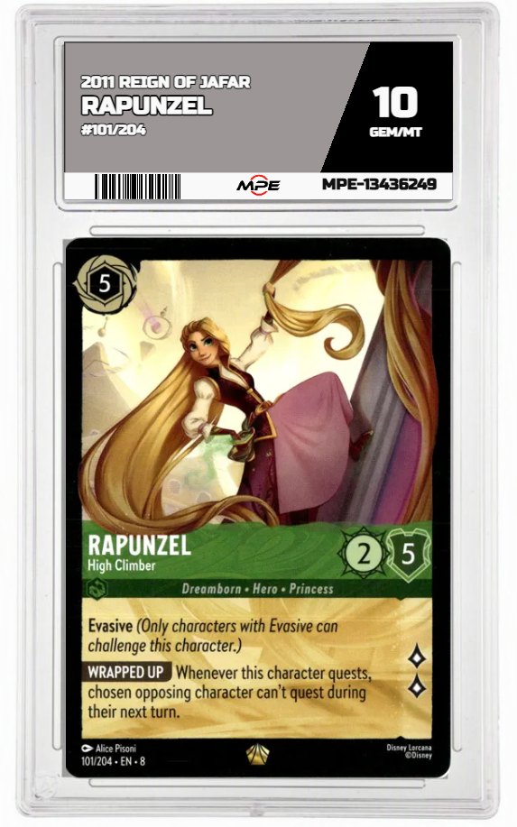 2025 DISNEY LORCANA EN 8 REIGN OF JAFAR #101/204 RAPUNZEL MPE 10 GEM/MT — graded card auctioned from the MPE vault