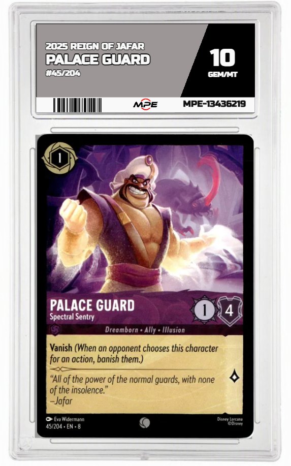 2025 DISNEY LORCANA EN 8 REIGN OF JAFAR #45/204 PALACE GUARD MPE 10 GEM/MT — graded card auctioned from the MPE vault