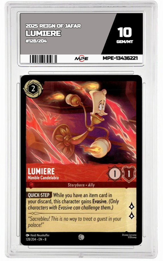 2025 DISNEY LORCANA EN 8 REIGN OF JAFAR #128/204 LUMIERE MPE 10 GEM/MT — graded card auctioned from the MPE vault