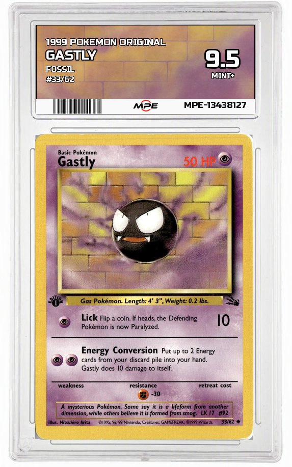 1999 POKEMON ORIGINAL FOSSIL #33/62 GASTLY MPE 9.5 MINT+ — graded card auctioned from the MPE vault