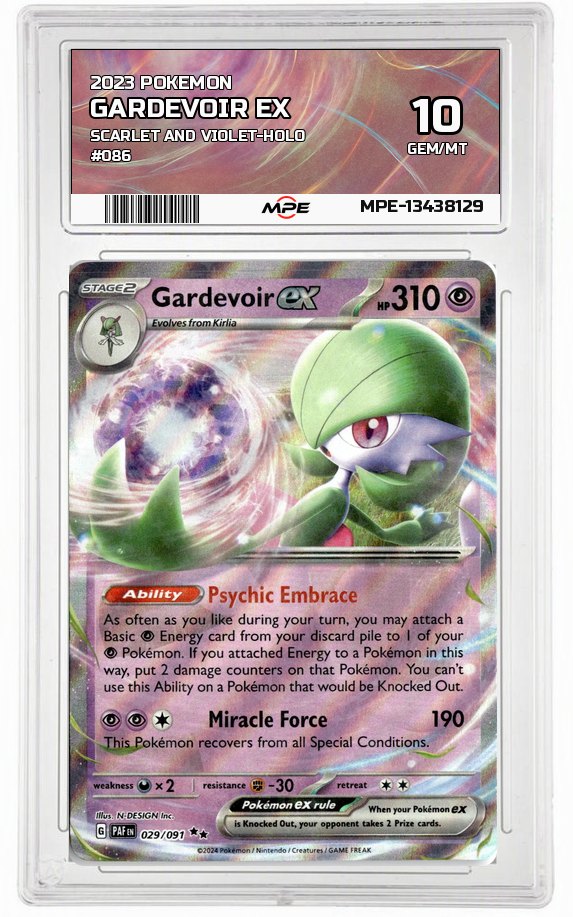 2023 POKEMON SCARLET AND VIOLET-HOLO #086 Gardevoir EX MPE 10 GEM/MT — graded card auctioned from the MPE vault