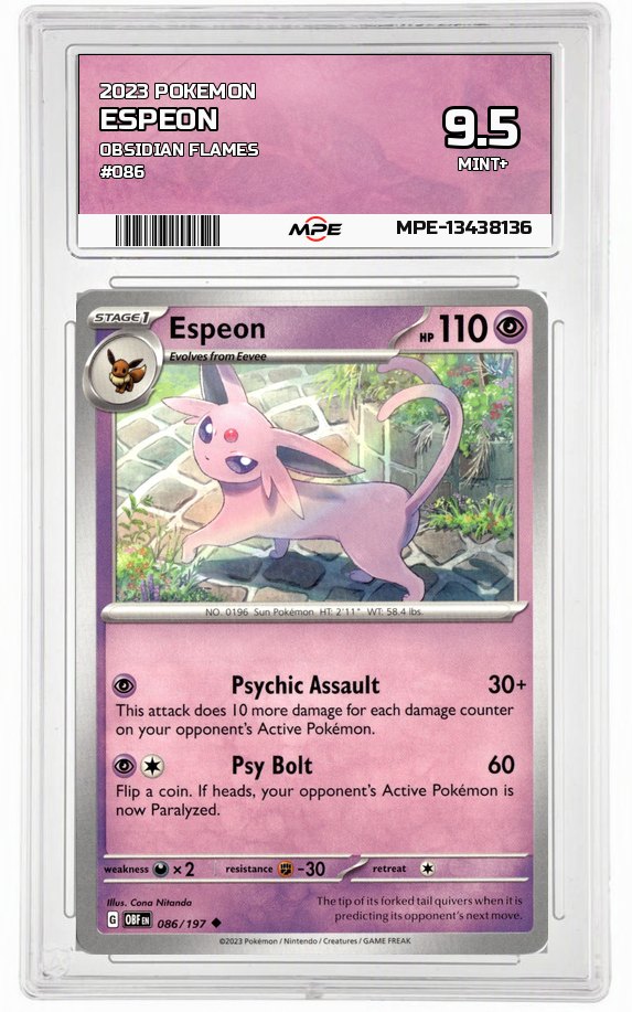 2023 POKEMON OBSIDIAN FLAMES #086 Espeon MPE 9.5 MINT+ — graded card auctioned from the MPE vault