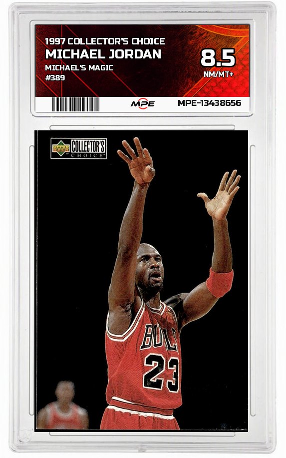 1997 COLLECTOR'S CHOICE MICHAEL'S MAGIC #389 MICHAEL JORDAN MPE 8.5 NM/MT+ — graded card up for auction