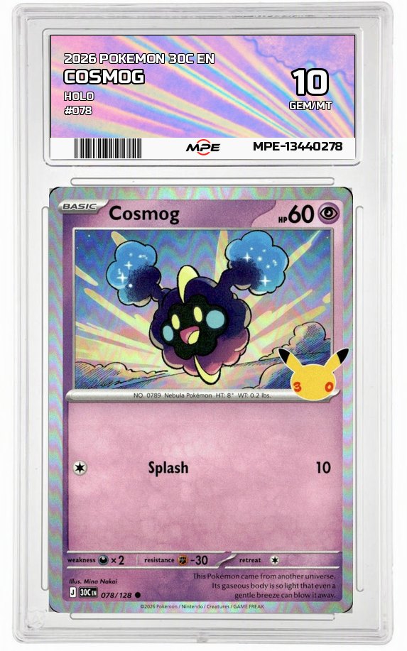 2026 POKEMON 30C EN HOLO #078 COSMOG MPE 10 GEM/MT — graded card auctioned from the MPE vault
