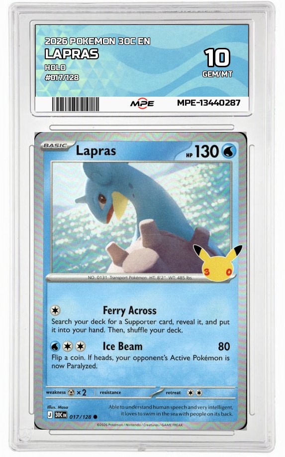 2026 POKEMON 30C EN HOLO #017/128 LAPRAS MPE 10 GEM/MT — graded card auctioned from the MPE vault