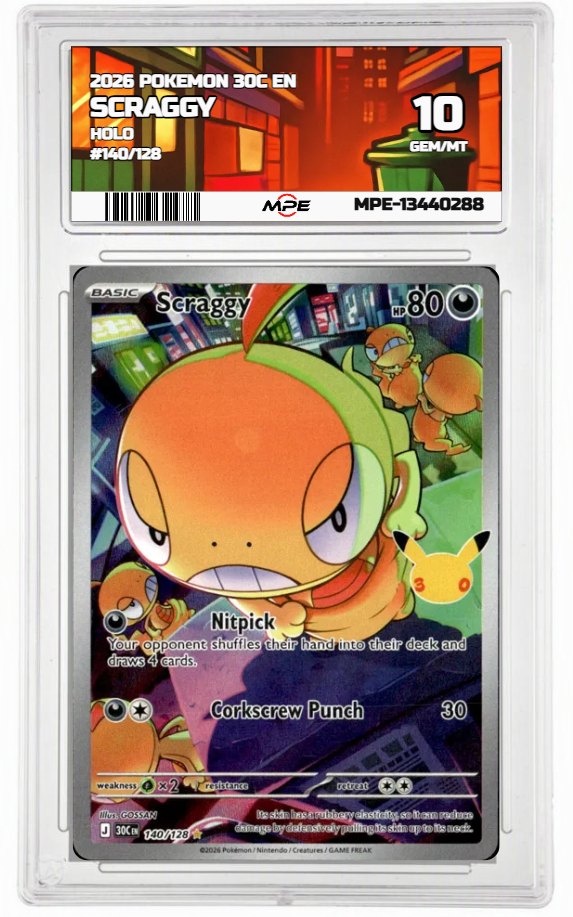 2026 POKEMON 30C EN HOLO #140/128 SCRAGGY MPE 10 GEM/MT — graded card auctioned from the MPE vault