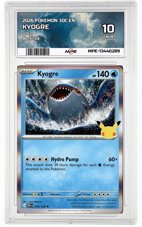 2026 POKEMON 30C EN HOLO #019/128 KYOGRE MPE 10 GEM/MT — graded card auctioned from the MPE vault