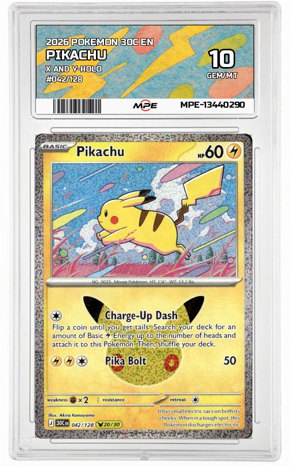 2026 POKEMON 30C EN X AND Y-HOLO #042/128 PIKACHU MPE 10 GEM/MT — graded card auctioned from the MPE vault