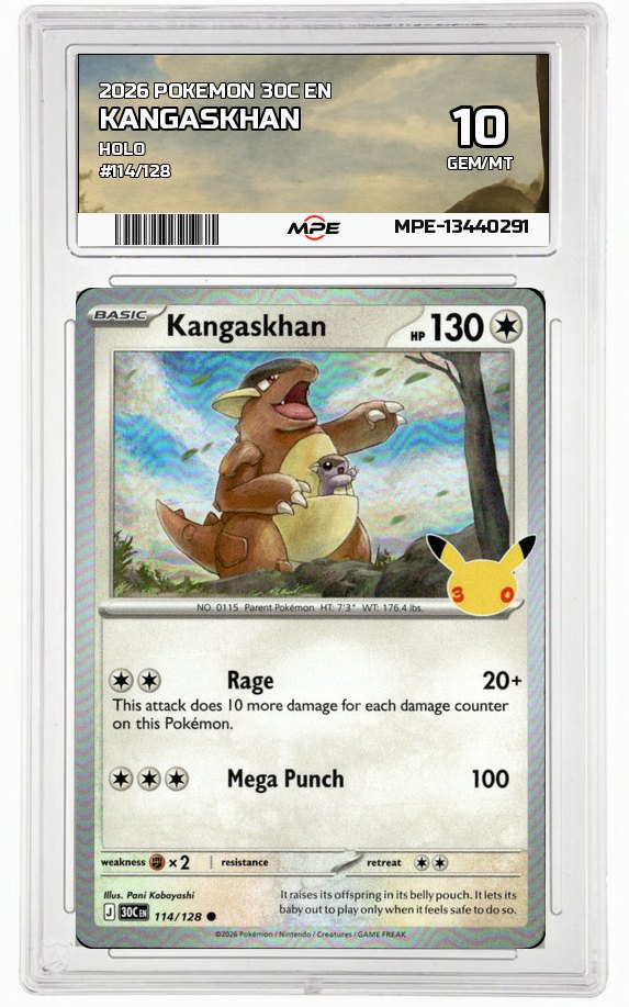2026 POKEMON 30C EN HOLO #114/128 KANGASKHAN MPE 10 GEM/MT — graded card auctioned from the MPE vault
