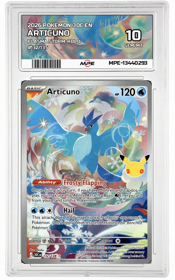 2026 POKEMON 30C EN PLASMA STORM-HOLO #132/135 ARTICUNO MPE 10 GEM/MT — graded card auctioned from the MPE vault