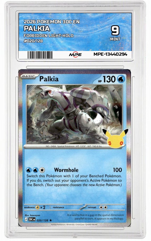 2026 POKEMON 30C EN FORBIDDEN LIGHT-HOLO #020/128 PALKIA MPE 9 MINT — graded card auctioned from the MPE vault