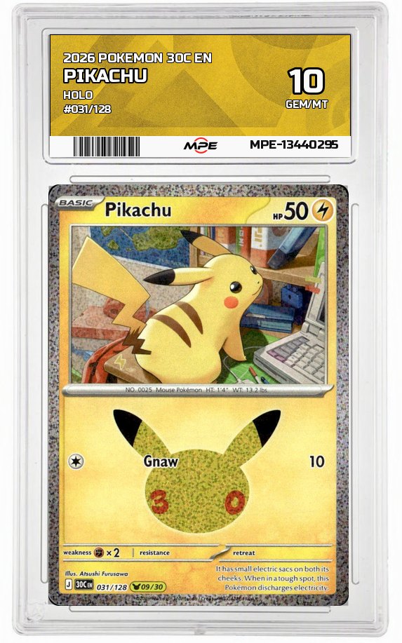 2026 POKEMON 30C EN HOLO #031/128 PIKACHU MPE 10 GEM/MT — graded card auctioned from the MPE vault