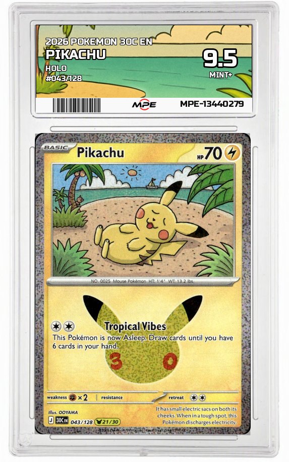 2026 POKEMON 30C EN HOLO #043/128 PIKACHU MPE 9.5 MINT+ — graded card auctioned from the MPE vault