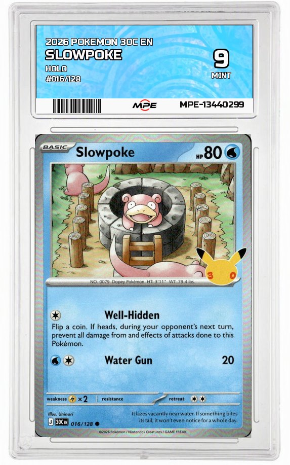 2026 POKEMON 30C EN HOLO #016/128 SLOWPOKE MPE 9 MINT — graded card auctioned from the MPE vault