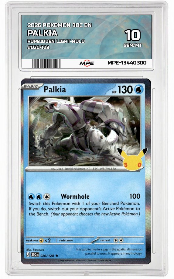 2026 POKEMON 30C EN FORBIDDEN LIGHT-HOLO #020/128 PALKIA MPE 10 GEM/MT — graded card auctioned from the MPE vault