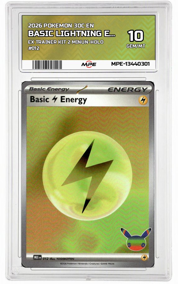 2026 POKEMON 30C EN EX TRAINER KIT 2 MINUN-HOLO #012 BASIC LIGHTNING ENERGY MPE 10 GEM/MT — graded card auctioned from the MPE vault