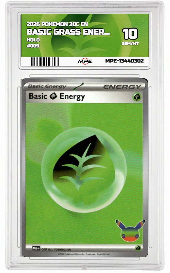 2026 POKEMON 30C EN HOLO #009 BASIC GRASS ENERGY MPE 10 GEM/MT — graded card auctioned from the MPE vault
